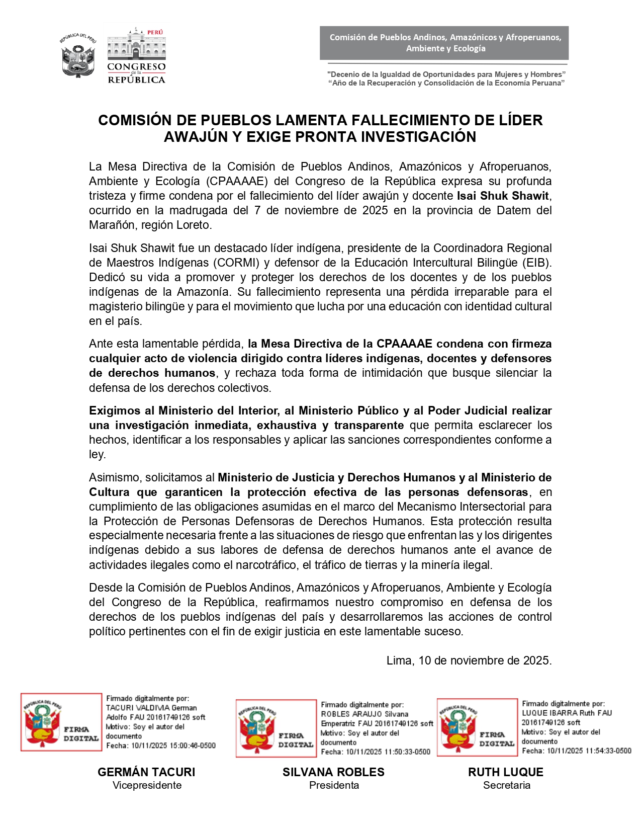 PRONUNCIAMIENTO COMISIÓN DE PUEBLOS ANDINOS, AMAZÓNICOS Y AFROPERUANOS, AMBIENTE Y ECOLOGÍA